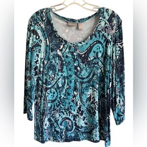 Chico's Teal and Navy Paisley Scoop Neck Long Sleeve Top shirt blouse